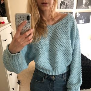 Light Blue Off the Shoulder Loose Fit Knit Sweater